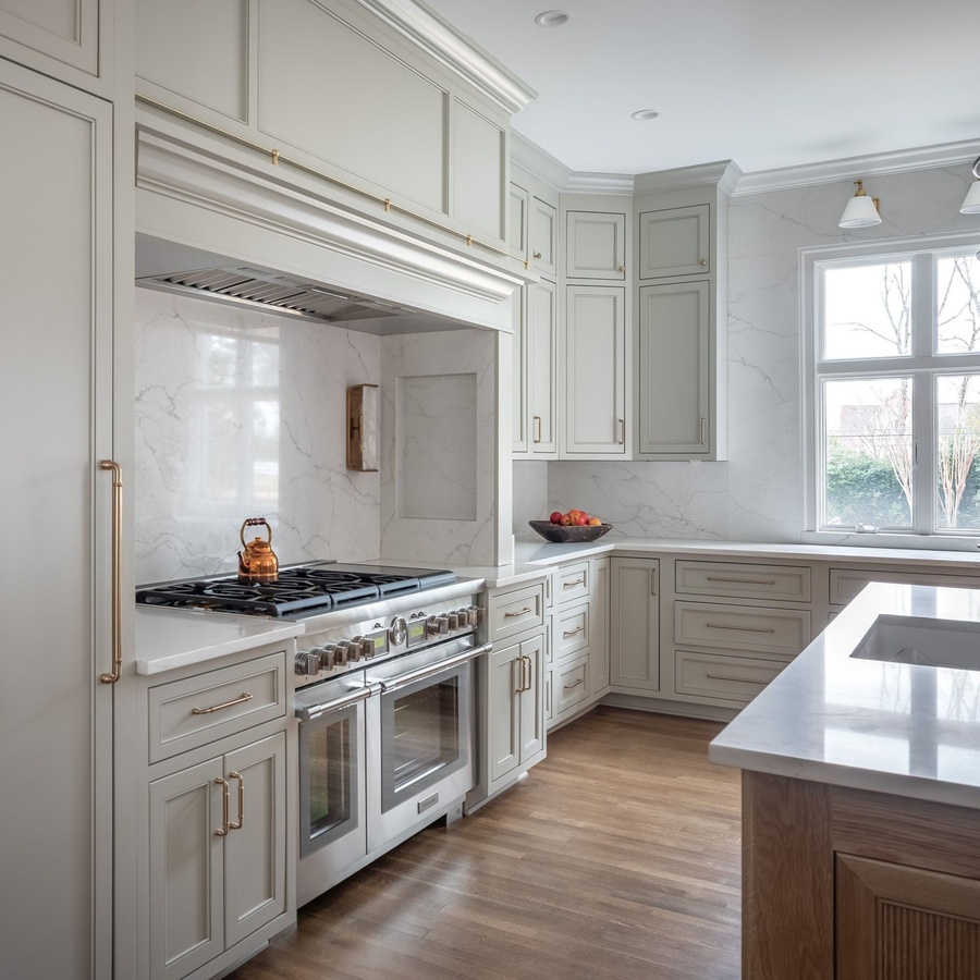 Gray and wood shaker kitchen cabinetry by Designer Cabinets