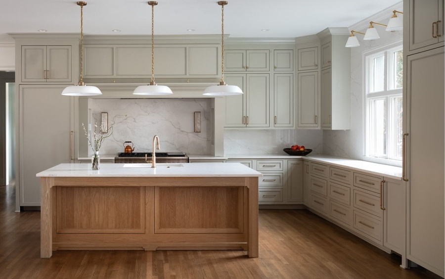 Gray and wood shaker kitchen cabinetry by Designer Cabinets