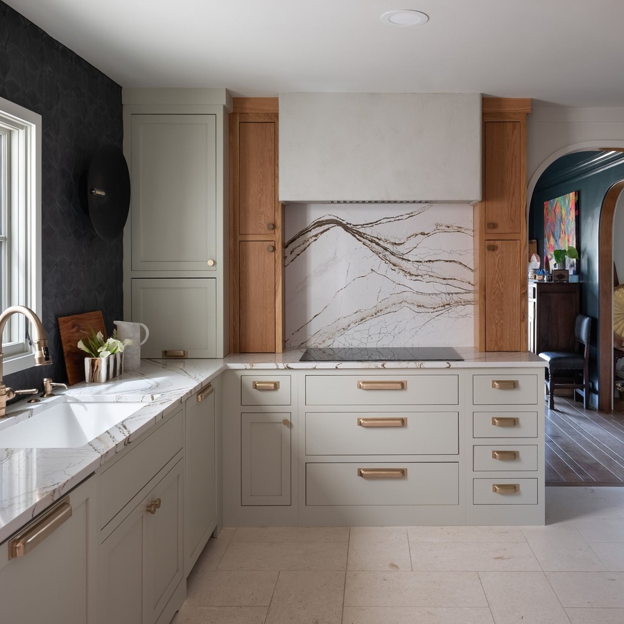 Greige shaker kitchen cabinetry by Designer Cabinets