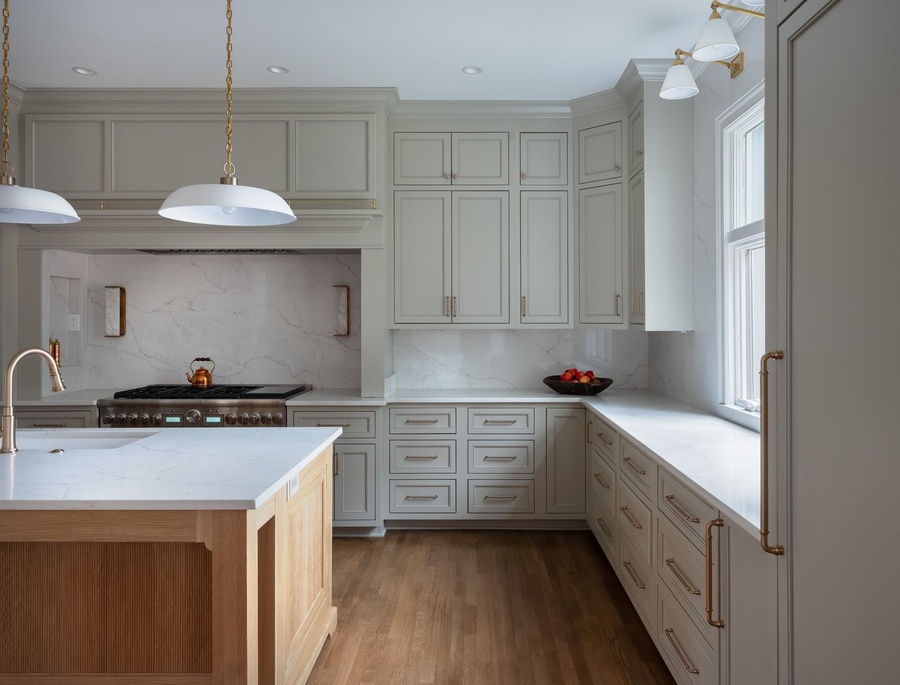 Gray and wood shaker kitchen cabinetry by Designer Cabinets