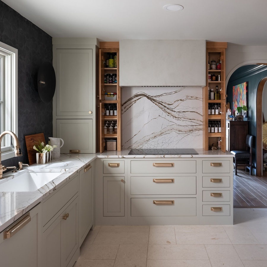 Greige shaker kitchen cabinetry by Designer Cabinets
