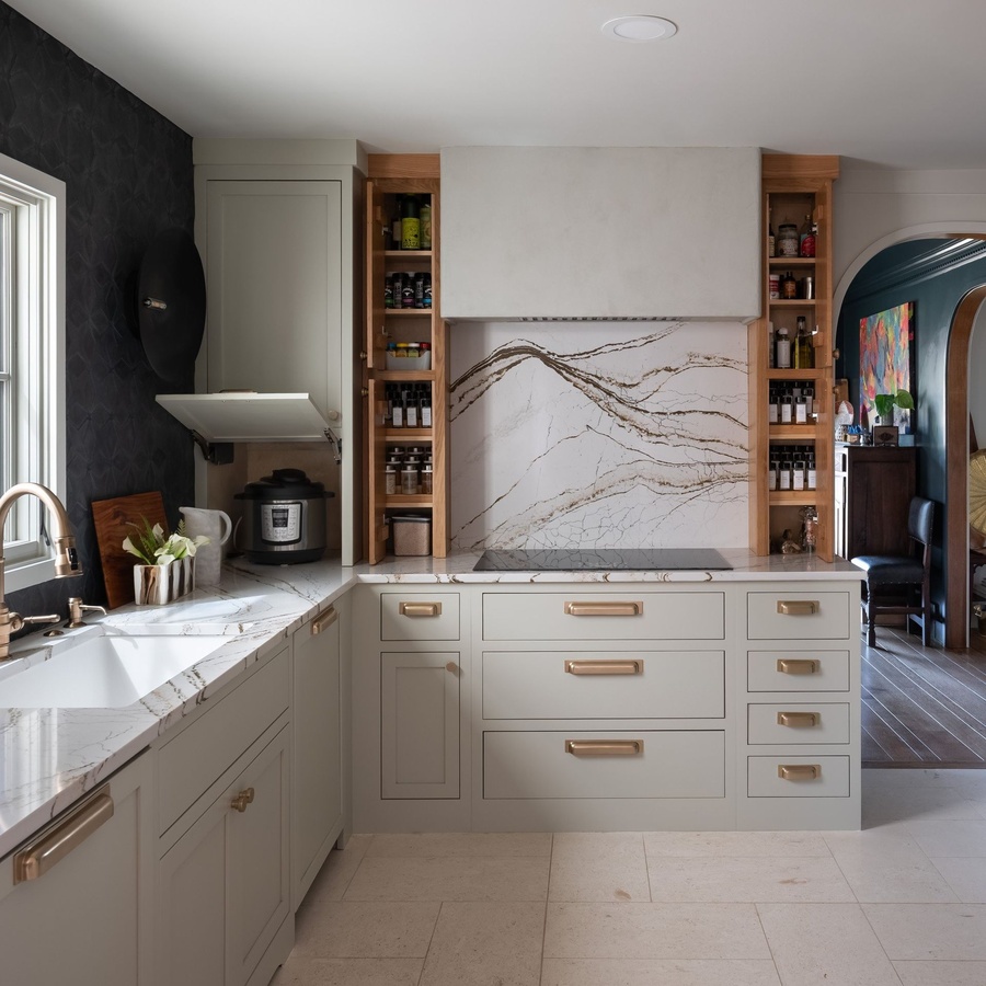 Greige shaker kitchen cabinetry by Designer Cabinets