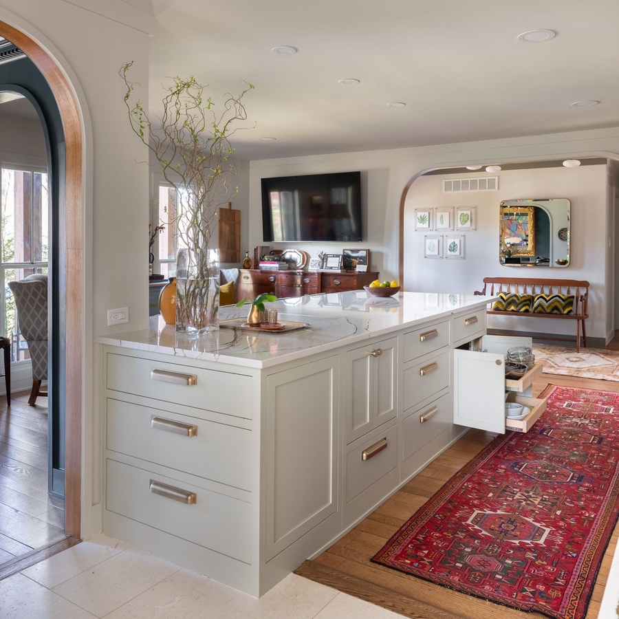 Greige shaker kitchen cabinetry by Designer Cabinets