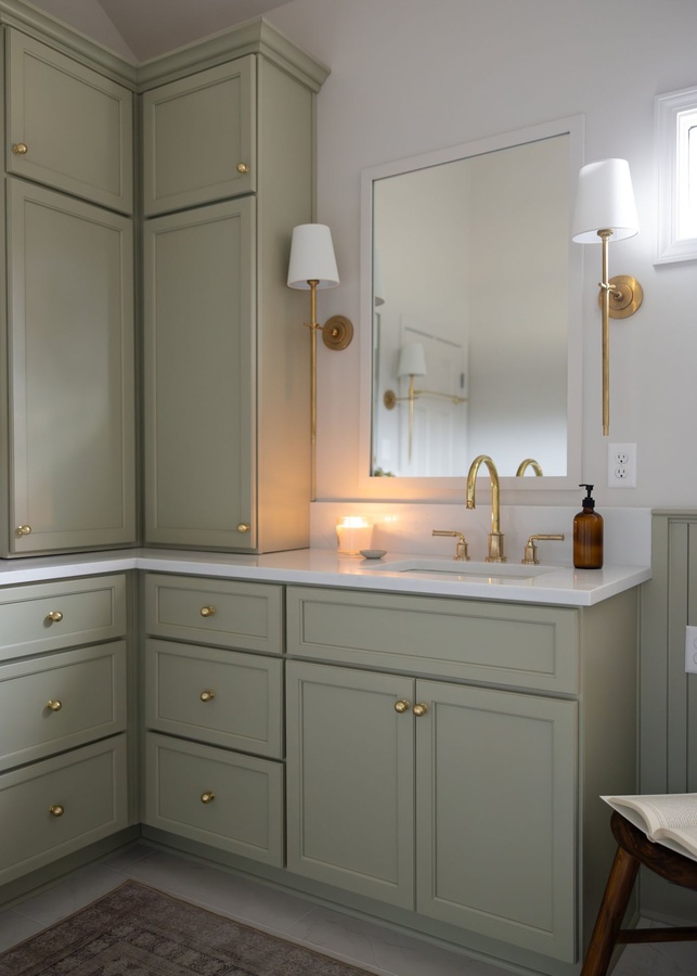 Green shaker bath cabinetry by Designer Cabinets